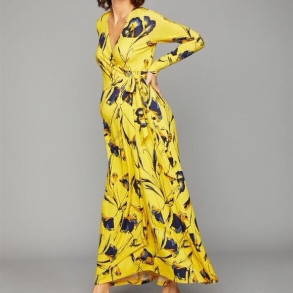 A Pea in the Pod Floral Yellow Maxi Long Sleeve Maternity Wrap Dress Small - Picture 1 of 7